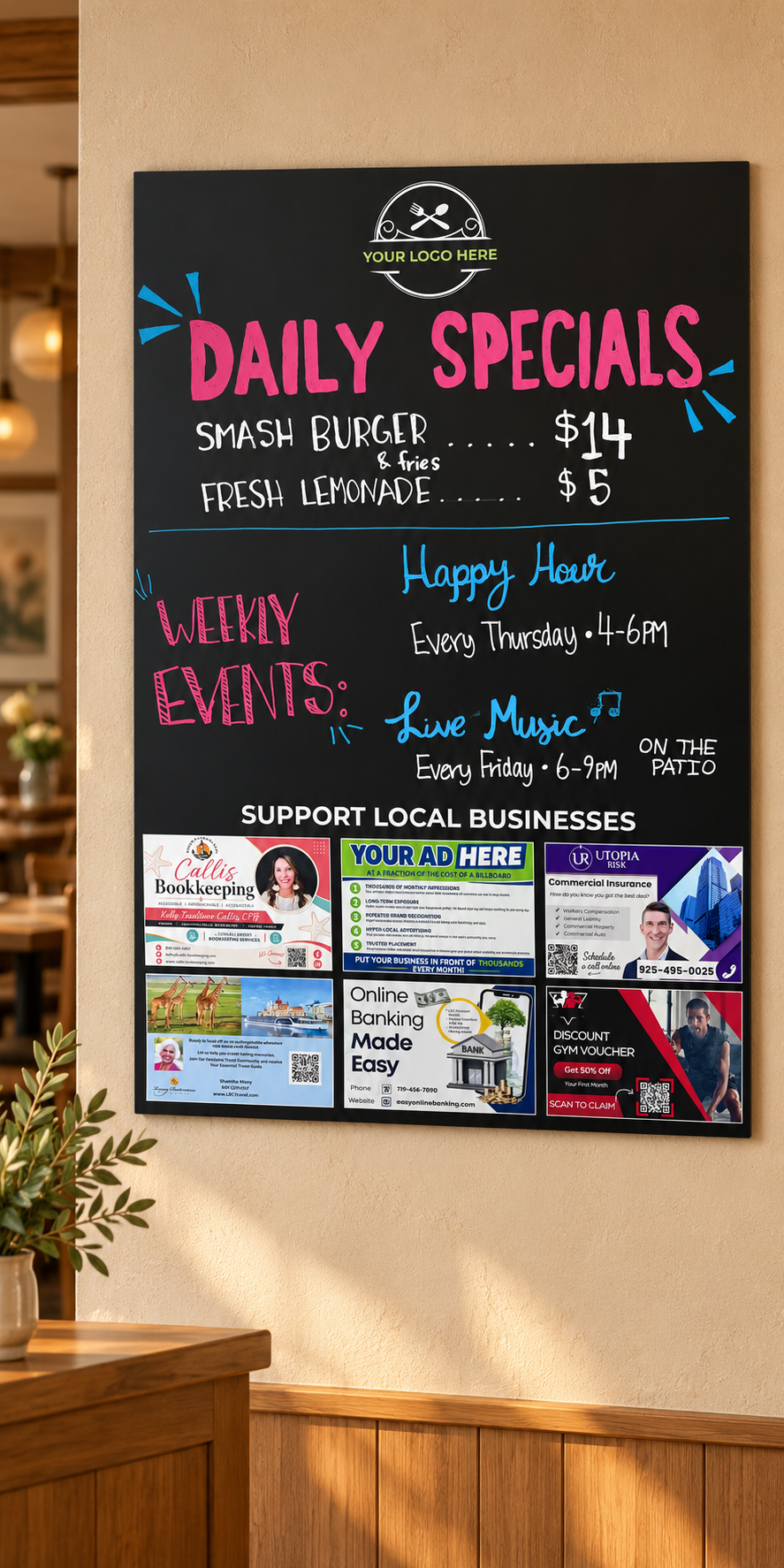Illustrative board attached to a restaurant wall